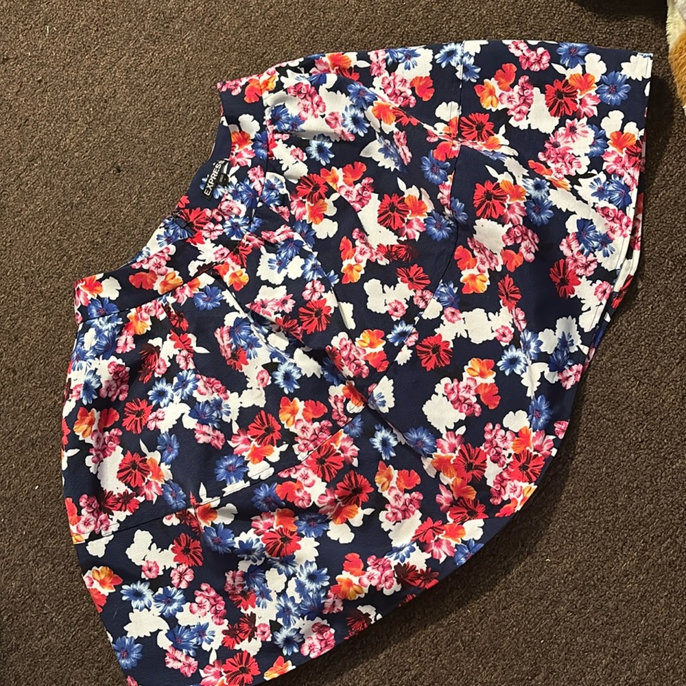Express Navy and Red Floral Skater Skirt